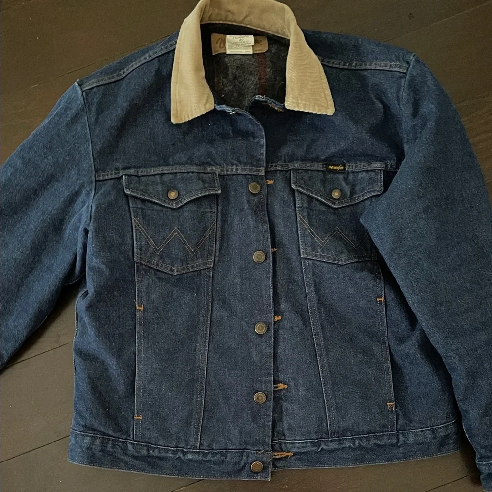 Wrangler Dark Blue Denim Jacket with Tan Corduroy Collar